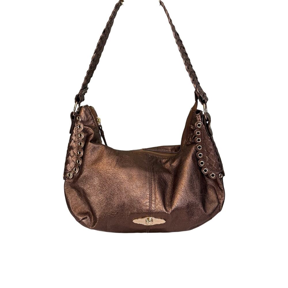 Elliot Lucca Hobo Shoulder Bag Metallic Brown Studded Braid Woven Strap Workwear